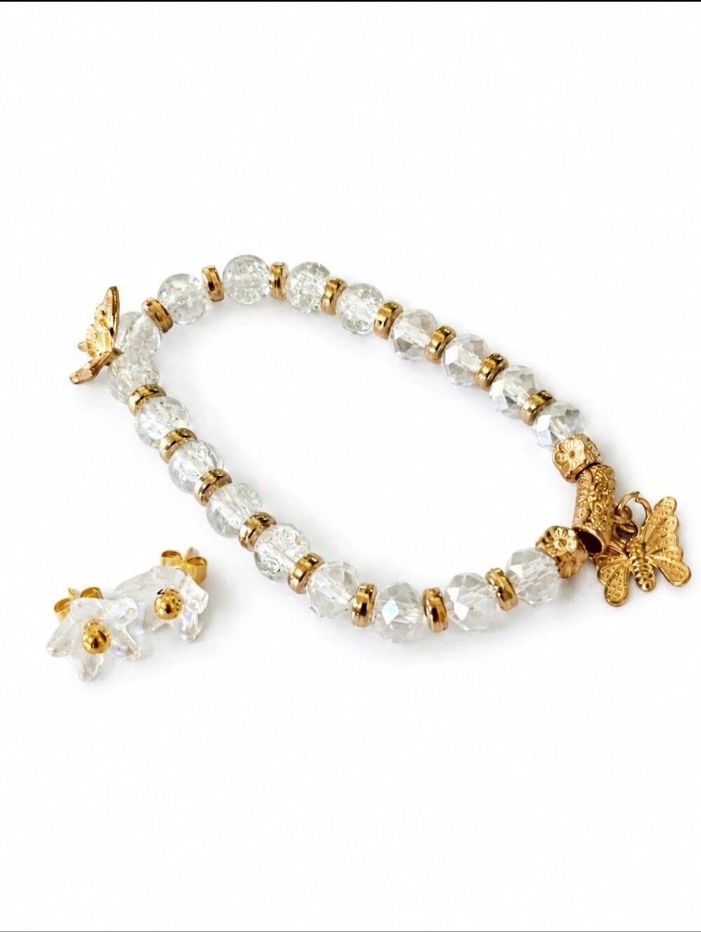 Handmade Crystal Flower Earrings & Butterfly Charm Bracelet Set Gold Tone